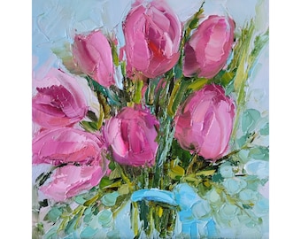 Pink Tulip Painting Flowers Original Art Small Flowers Bouquet Artwork Impasto Oil Painting Tulips Wall Art 6 by 6 by Nataliaroladen