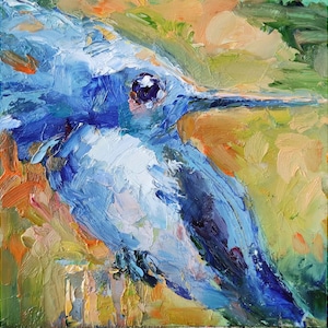 Pintura a óleo original de Kingfisher, 6 por 6 polegadas, arte de pássaro colorido, miniatura, pintura em impasto sobre papelão por Nataliaroladen