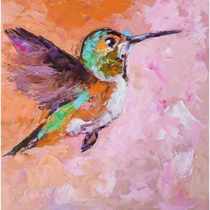Hummingbird Painting Bird Original Art Small Animal Artwork Impasto Oil Painting Mom Gifts Wall Art 8 by 8 by Nataliaroladen