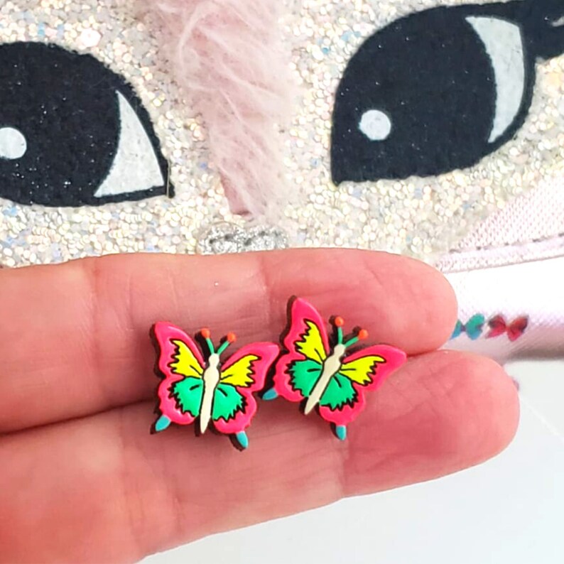 gift for her Handmade Jewelry Butterfly Wooden Stud Earrings for Girls wHypoallergenic silicone Posts handpainted perfect gift