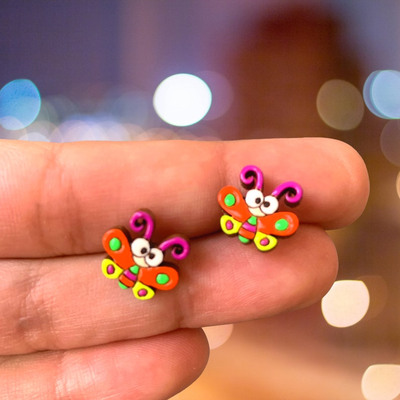 gift for her Handmade Jewelry Butterfly Wooden Stud Earrings for Girls wHypoallergenic silicone Posts handpainted perfect gift