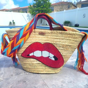 Lips Straw bag, market basket, Handmade handbag, shoulder strap tote, beach bag, shopping bag, moroccan basket, customized fashion bag