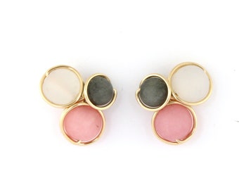 Gold-Filled Earrings, Stud Earrings, Pink Agate, White Jade, Grey Jade