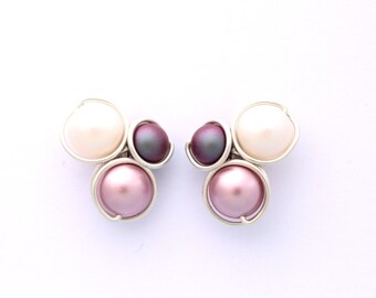 Sterling Silver Earrings, Stud Earrings, Pink Glass Pearl, White Glass Pearl, Burgundy Glass Pearl