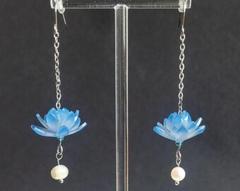 Water Lily Freshwater Pearl Earrings, Flower Accessory, Lotus Zen Gift Idea, Handmade Jewelry, Fairycpre Dangling