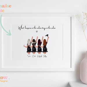 May include: A white framed print with a black and white illustration of four women in black dresses and hair styling tools. The text "What happens in the salon stays in the salon" is at the top of the print. The names "Sun, Cole, Kaylyt, Ray" are written below the illustration.
