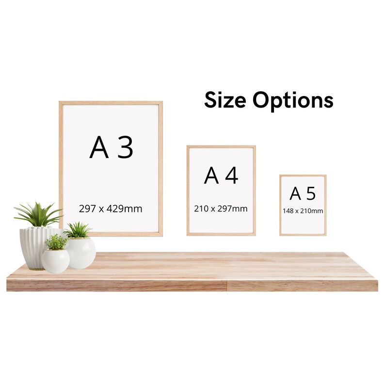 May include: Three framed prints showing different sizes of paper, labeled A3, A4, and A5. The A3 print measures 297 x 429 mm, the A4 print measures 210 x 297 mm, and the A5 print measures 148 x 210 mm.