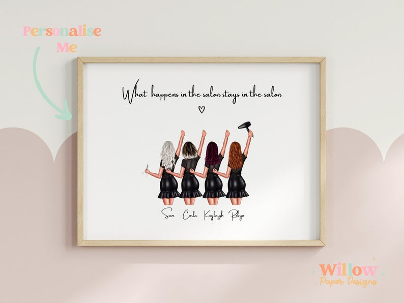 May include: A white printable poster with a quote about salons and four women with long hair wearing black dresses and holding salon tools. The text on the poster reads "What happens in the salon stays in the salon" and includes the names "San, Carla, Kayleigh, Rakya".