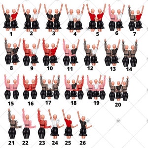 May include: A set of 26 digital illustrations featuring pairs of women in various poses, wearing different outfits, including black and red dresses, black and white tops, and black pants. The women are all smiling and have their arms raised in the air.