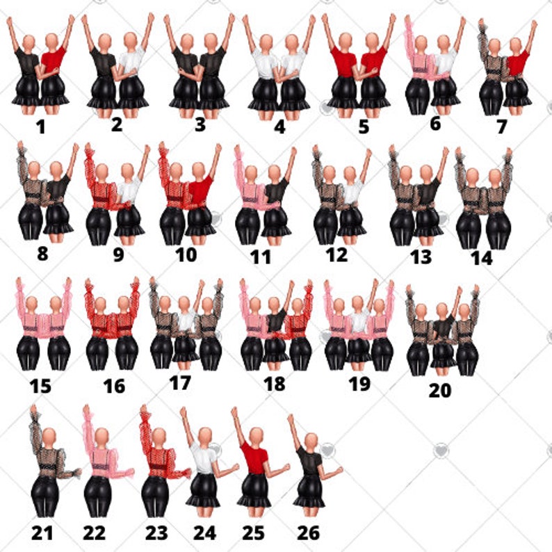 May include: A set of 26 digital illustrations featuring pairs of women in various poses, wearing different outfits, including black and red dresses, black and white tops, and black pants. The women are all smiling and have their arms raised in the air.