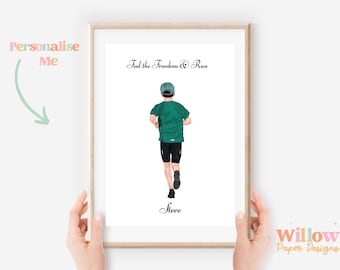Puede incluir: Una impresión de arte imprimible con una ilustración de dibujos animados de una persona corriendo con el texto "Feel the Freedom & Run" y el nombre "Steve" en la parte inferior.