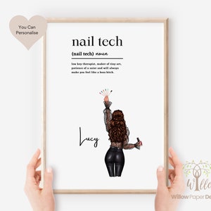 May include: A printable art print featuring a black and white illustration of a woman with long brown hair, wearing a black top and black trousers, holding nail polish bottles and tools. The text "nail tech" is written in black above the illustration, with a definition below. The text "Lucy" is written in cursive below the illustration.