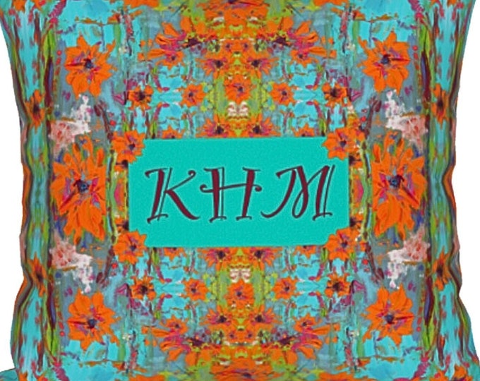 Pillow Cover Custom Initial Lettering Abstract Art Floral Decorative Monogrammed Accent Throw Square Colorful  Boho Designer Decor Gift