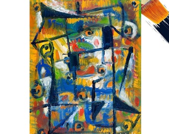 May include: Abstract painting with a yellow, blue, black, and white color scheme. The painting features geometric shapes and lines. The title "STRUCTURAL #1 DIGITAL DOWNLOAD" is written at the bottom of the painting.