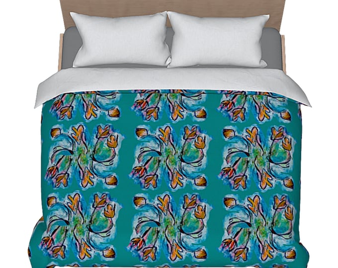 Decorative Bedding Cotton Sateen Duvet Bed Cover Designer Decorator Flower Teal Colorful Artsy Bedroom Decor Spring Abstract Art Bed Topper