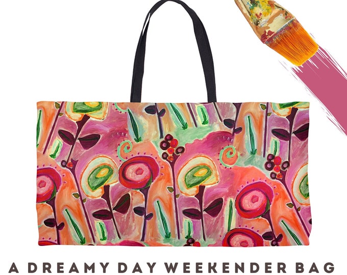 Floral Tote Bag Abstract Wearable Art Weekender Travel Market Beach Shopping Colorful Bright Flower Design Laptop Large Roomy Chic Carry Bag