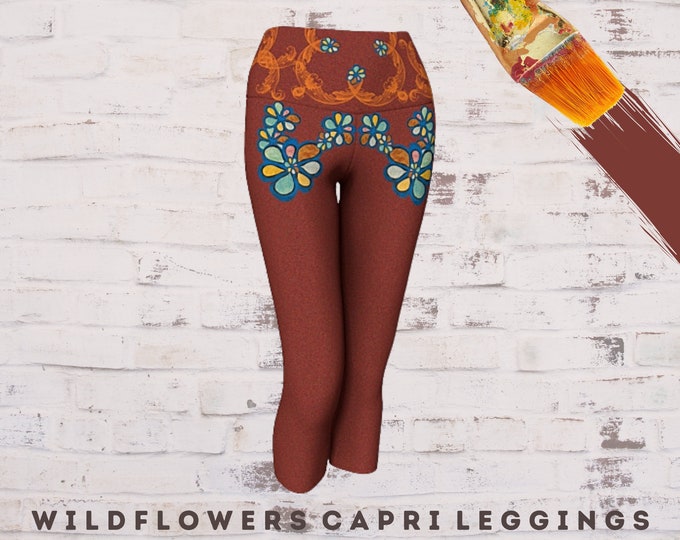 Yoga Capri Legging, Workout Clothing, Sport Training, Athletic Wear, Wearable Art, Flower Design, Stretch Pant, Casual Artsy Loungewear