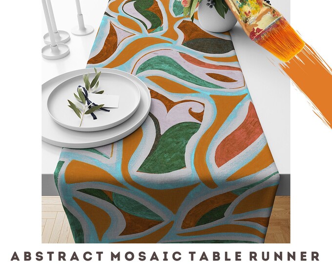 Art Table Runner Dining Room Kitchen Luxury Decor Cotton Twill Abstract Mosaic Table Top Elegant Spring Unique Designer Artsy Hostess Gift