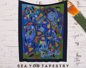 May include: Abstract tapestry with a blue, green, yellow, and orange color scheme. The tapestry features a variety of geometric shapes and patterns. The text "Sea You Tapestry Available in 3 Sizes" is printed below the tapestry.