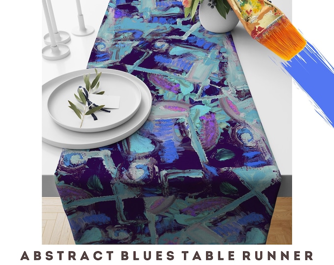 Art Table Runner Abstract Print Dining Room Kitchen Decor Cotton Colorful Blue Boho Artistic Unique Bold Modern Table Topper Buffet Scarf