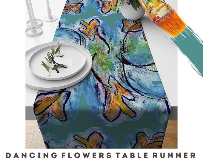 Art Table Runner Abstract Dining Room Kitchen Buffet Top Scarf Elegant Party Decor Decorative Floral Unique Colorful Designer Hostess Gift