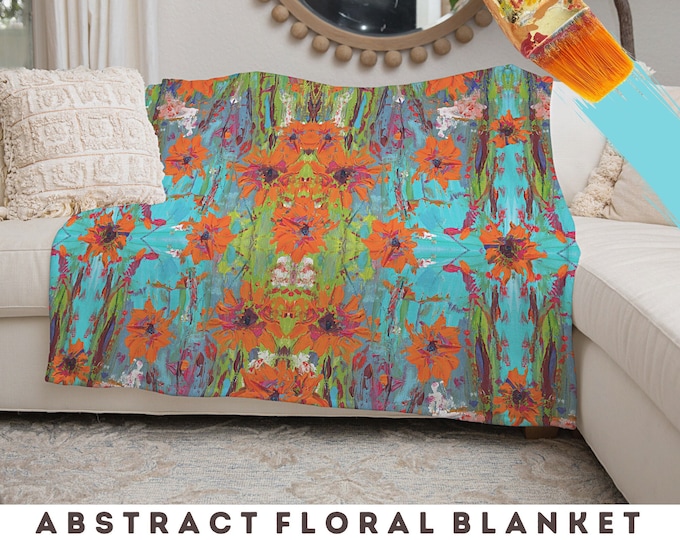 Floral Blanket Abstract Art Plush Soft Velveteen Cozy Minky Throw Unique Designer Colorful Bedding Living Room Bedroom Modern Home Decor