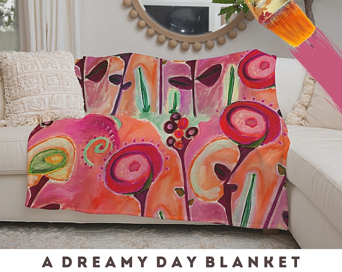 Blanket Minky Velveteen Plush Cozy Soft Throw Blanket Abstract Art Bright Flower Pattern Housewarming Gift Home Decor Bedroom Decorating