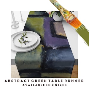 May include: Abstract green table runner with purple, blue, and gold accents. The runner has a modern, abstract design and is available in two sizes.
