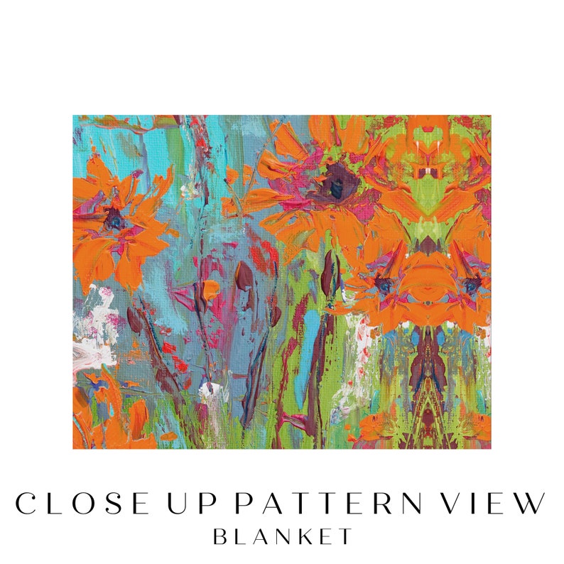 May include: Abstract floral pattern with bright orange, turquoise, green, and pink colors. The pattern is symmetrical and has a painterly texture.
