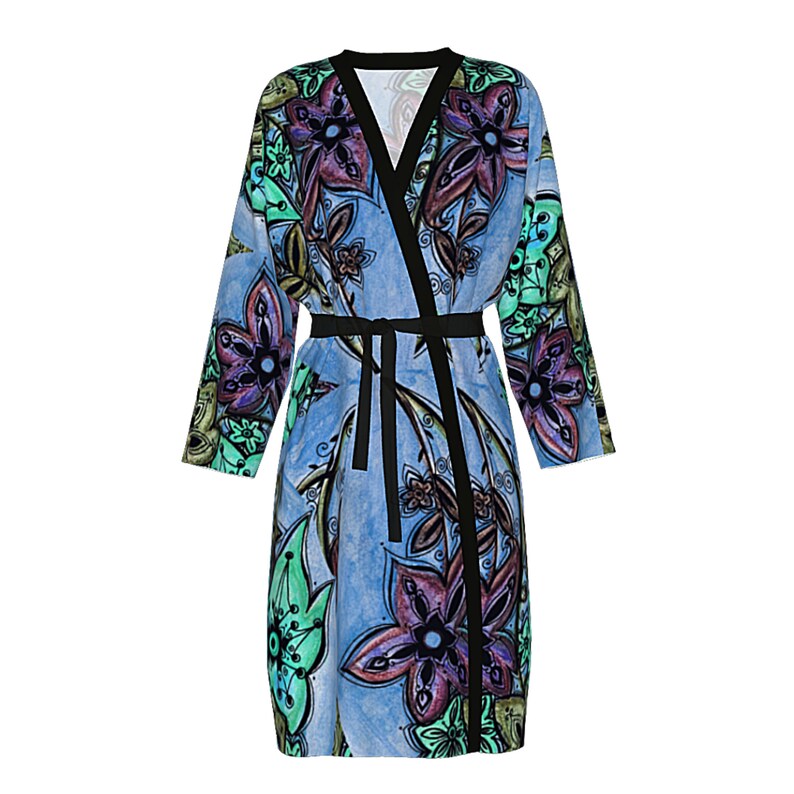 May include: A blue floral print robe with a black sash and long sleeves.