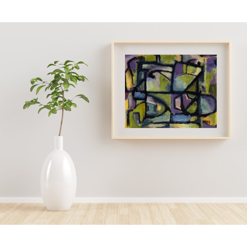 May include: Abstract painting in a wooden frame. The painting features geometric shapes in shades of green, blue, purple, and yellow.