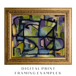 May include: Abstract painting in a gold frame. The painting features geometric shapes in shades of green, blue, purple, and black. The artist's signature is visible in the bottom right corner.