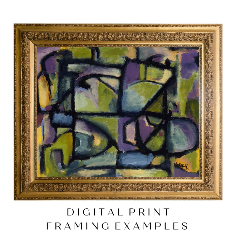 May include: Abstract painting in a gold frame. The painting features geometric shapes in shades of green, blue, purple, and black. The artist's signature is visible in the bottom right corner.
