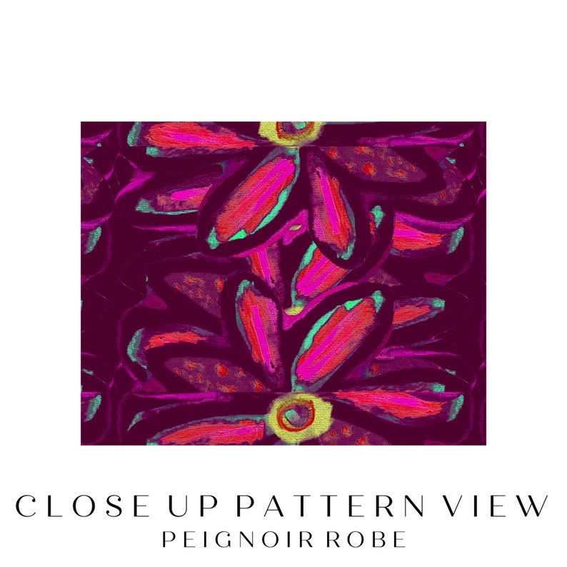 May include: Close-up of a pink and red floral pattern on a dark purple background. The pattern is made up of stylized flowers with multiple petals.