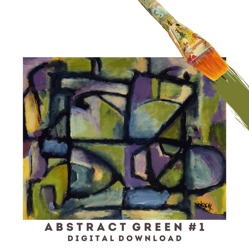 May include: Abstract painting in shades of green, purple, and blue with black lines. The painting is in a square format and has a brushstroke texture.