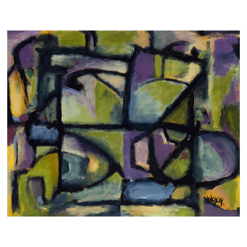 May include: Abstract painting with geometric shapes in shades of green, purple, blue, and yellow. The painting is framed with a black border and signed "Wojcik" in the lower right corner.