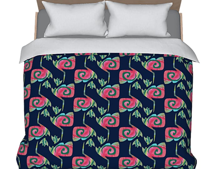 Colorful Duvet King or Queen Bed Cover Abstract Art Flower Pattern Luxury Designer Boho Unique Modern Retro Artsy Master Bedroom Home Decor