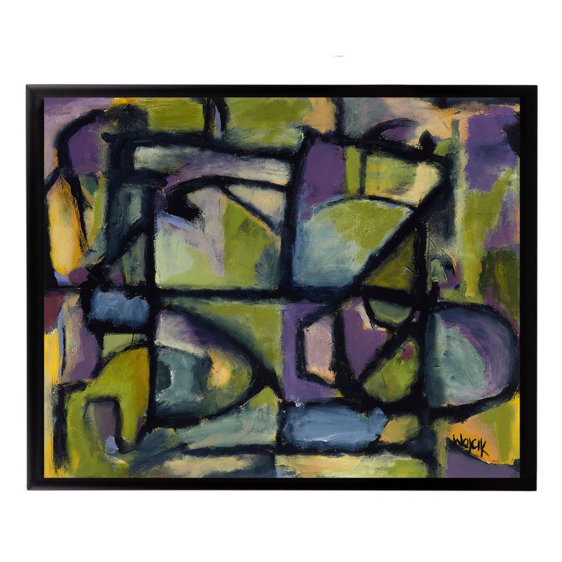 May include: Abstract painting with geometric shapes in shades of green, purple, and blue. The painting is framed in black.