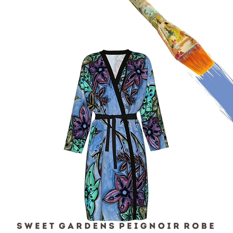 May include: A blue and green floral print robe with a black sash. The robe has a long, flowing silhouette and a relaxed fit.