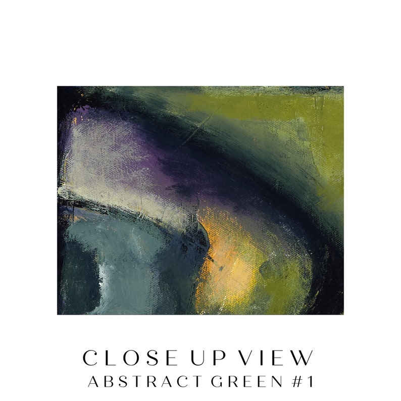 May include: Abstract painting with a close-up view of a green, purple, and orange color palette. The painting has a textured, brushstroke effect.