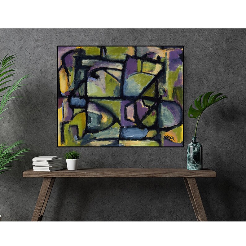 May include: Abstract painting with geometric shapes in shades of green, purple, blue, and yellow. The painting is framed in black and has a white background.
