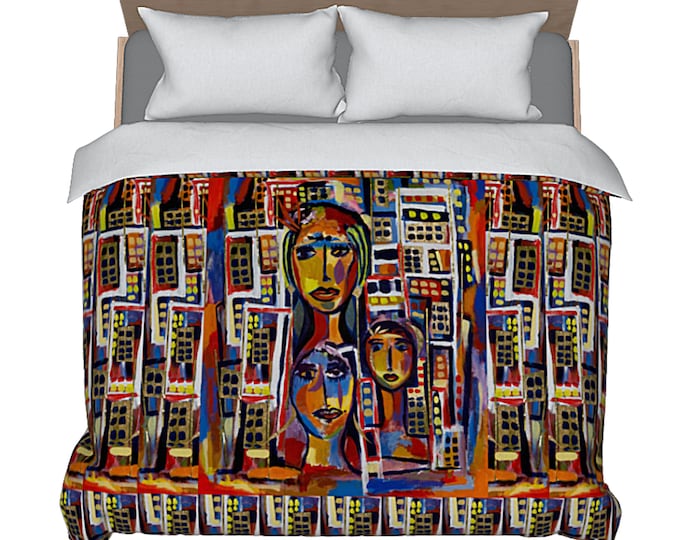 Duvet Art Modern Cityscape Designer Colorful Bedding Unique Funky Abstract Faces Artsy Bed Comforter Cover Home Decorating Bedroom Decor