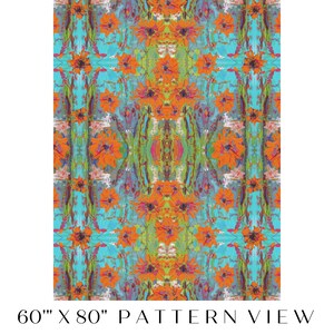 May include: Abstract floral pattern with orange, blue, green, and pink colors. The pattern is symmetrical and has a repeating design. The pattern is 60 inches by 80 inches.