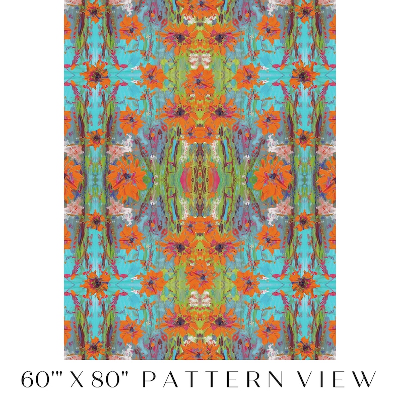 May include: Abstract floral pattern with orange, blue, green, and pink colors. The pattern is symmetrical and has a repeating design. The pattern is 60 inches by 80 inches.