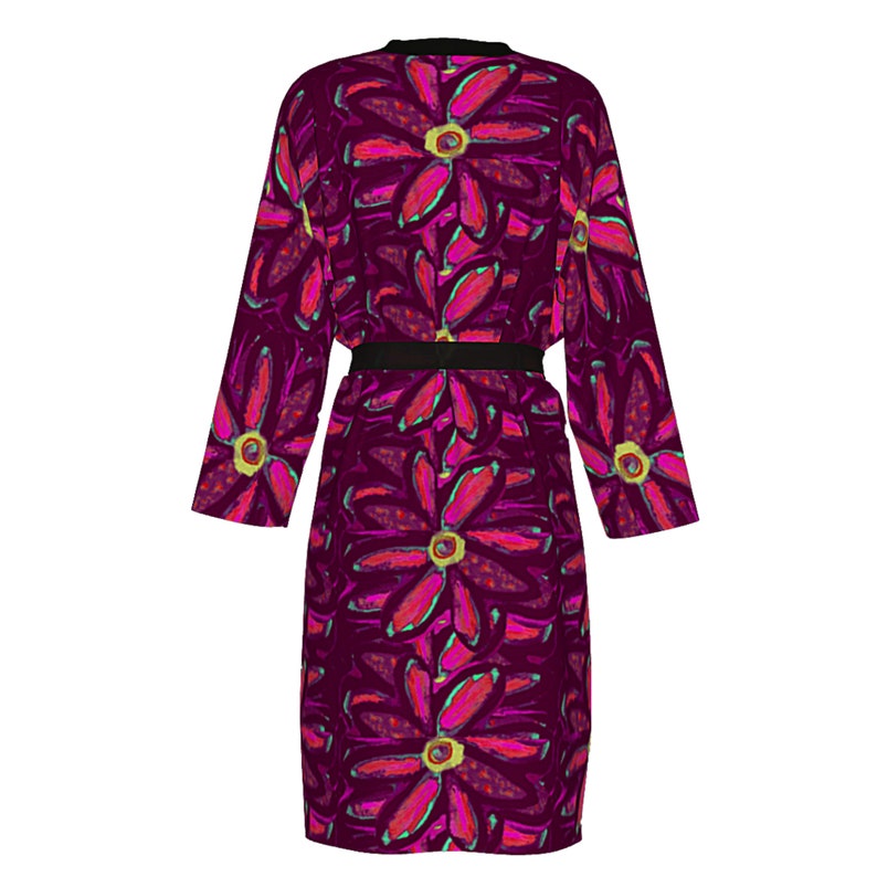 May include: A long, purple robe with a black belt and a floral print of pink and green flowers.