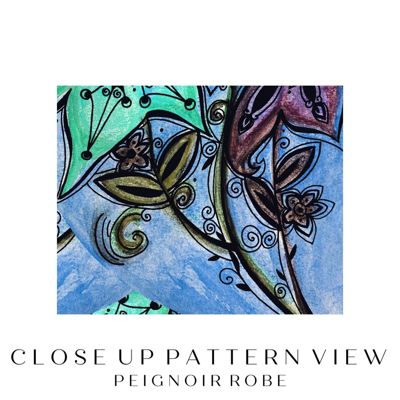 May include: Close-up of a blue, green, and brown floral pattern. The pattern features stylized leaves and flowers with intricate details.