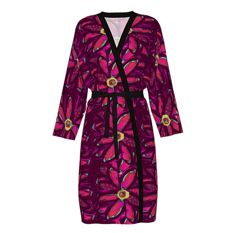 May include: A long, burgundy robe with a black sash and a floral print featuring pink and green flowers.