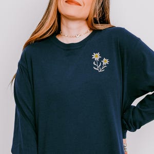Embroidered Edelweiss long-sleeve shirt, Floral shirt, botanical shirt, Comfort Colors heavyweight long-sleeve shirt