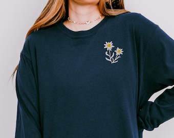 Embroidered Edelweiss long-sleeve shirt, Floral shirt, botanical shirt, Comfort Colors heavyweight long-sleeve shirt