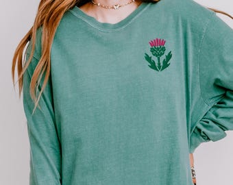 Embroidered Scottish Thistle long sleeve t-shirt, Botanical t-shirt, Comfort Colors Unisex t-shirt heavyweight long-sleeve shirt